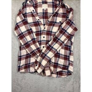 American Eagle Super Soft Mens XS Plaid Hooded Flannel Shirt Red Navy Cream